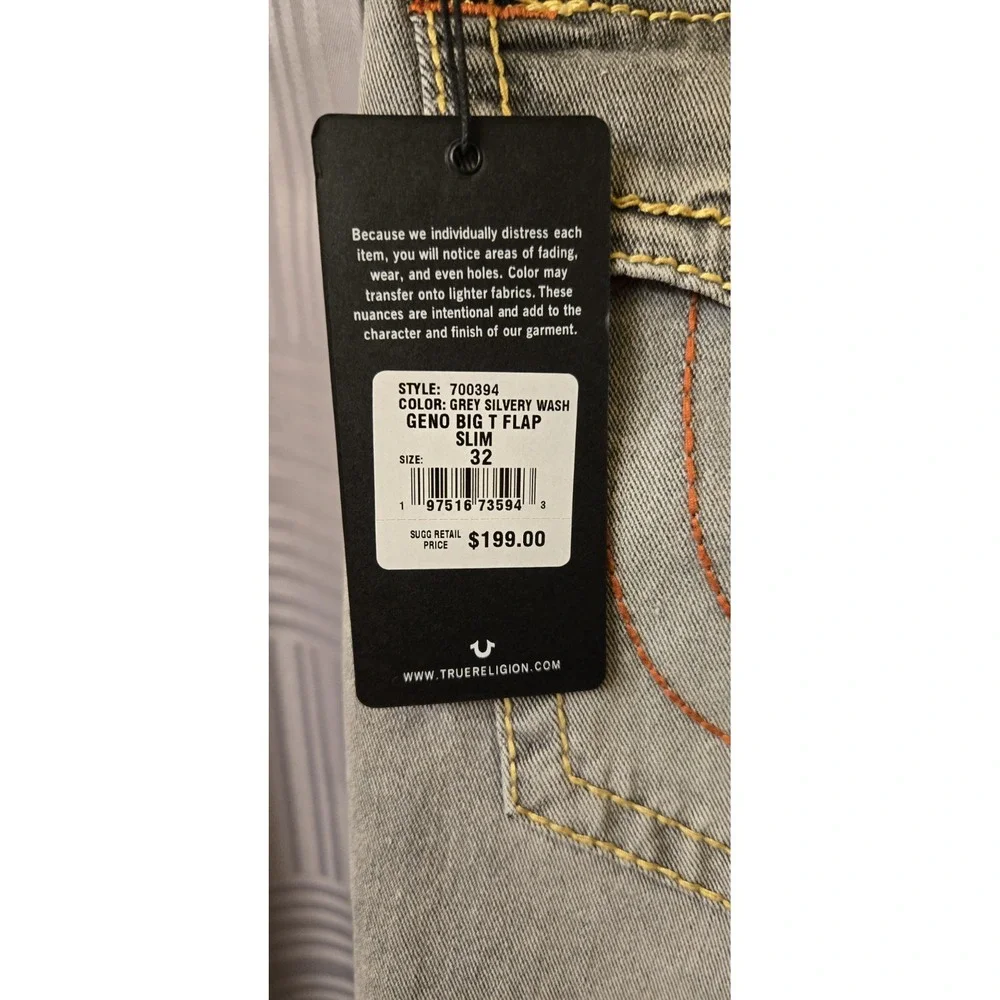 NEW True Religion Geno Big T Flap Jeans Men's 32x32 Grey Flap Relaxed Slim‎ NWT